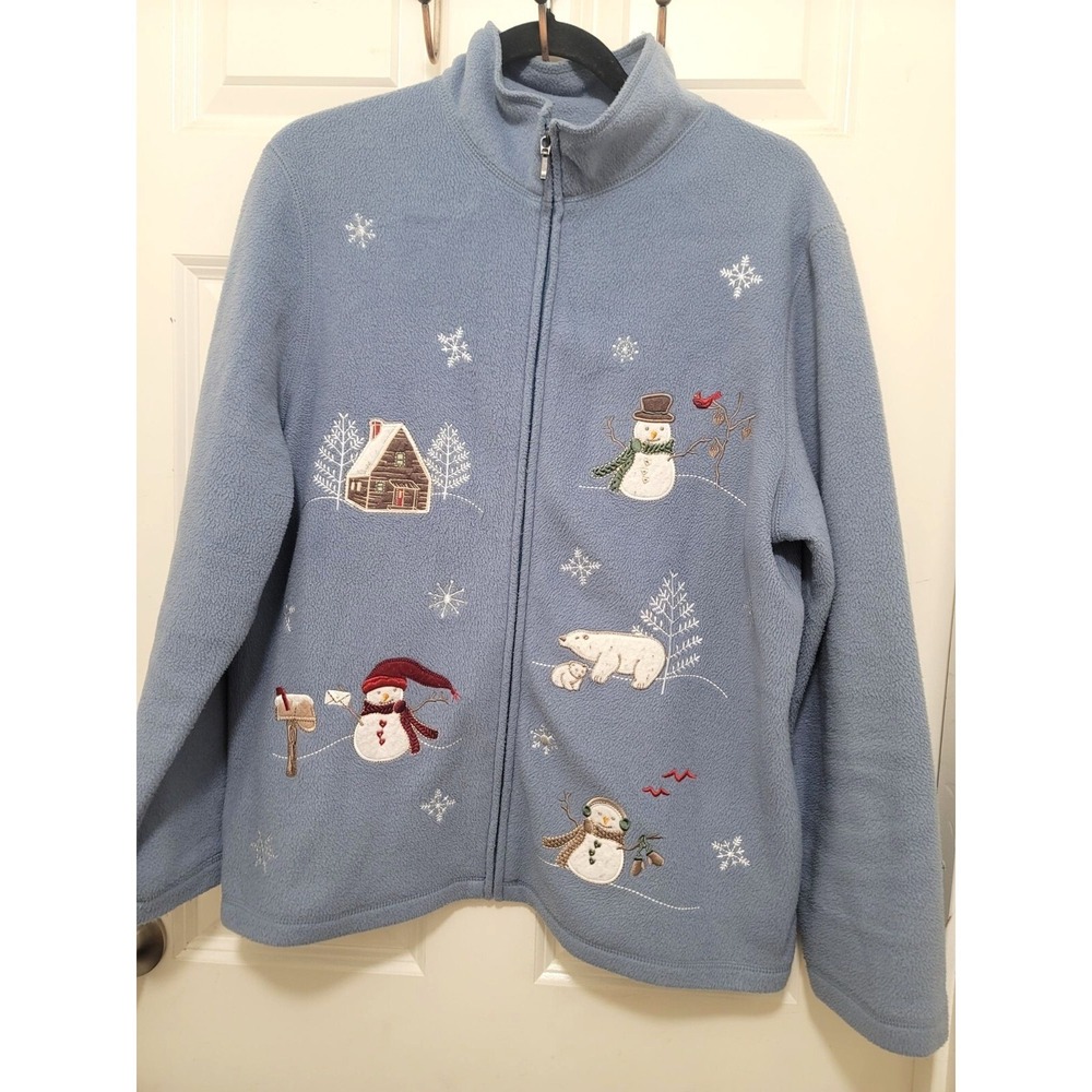 Croft & Barrow Snowy Winter Wonderland Embroidered Fleece Jacket Snowman & Polar